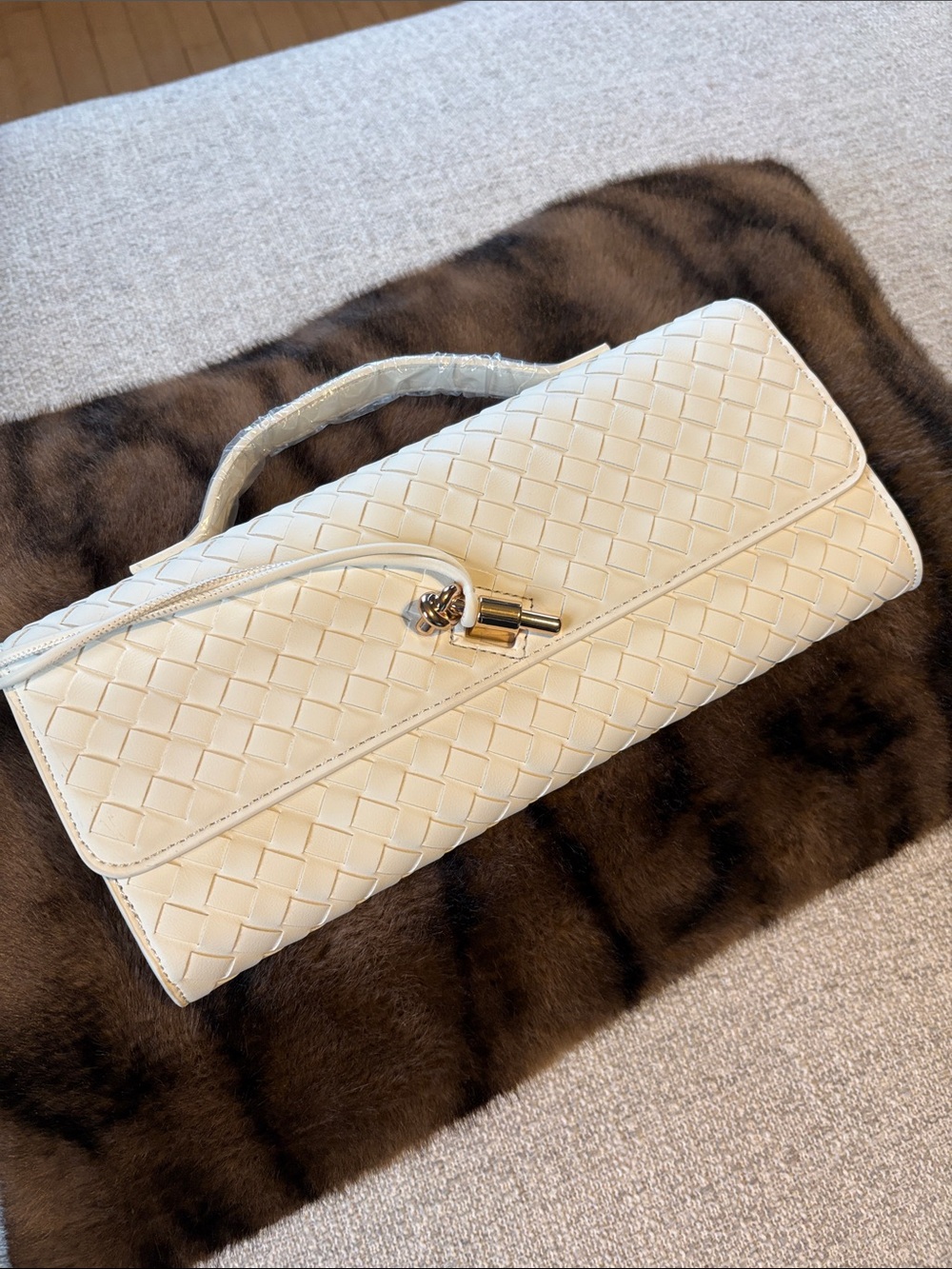 Woven Leather Top-Handle Clutch - Cream